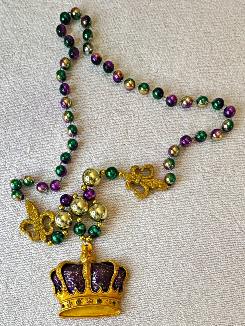 Mardi Gras Multicolor Beaded Ball Necklace Crown Pendant Fleur-de-Lis Charms